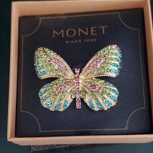 Monet Butterfly Brooch Pin Aqua Purple & Green‎ Crystals Gold Tone New in Box